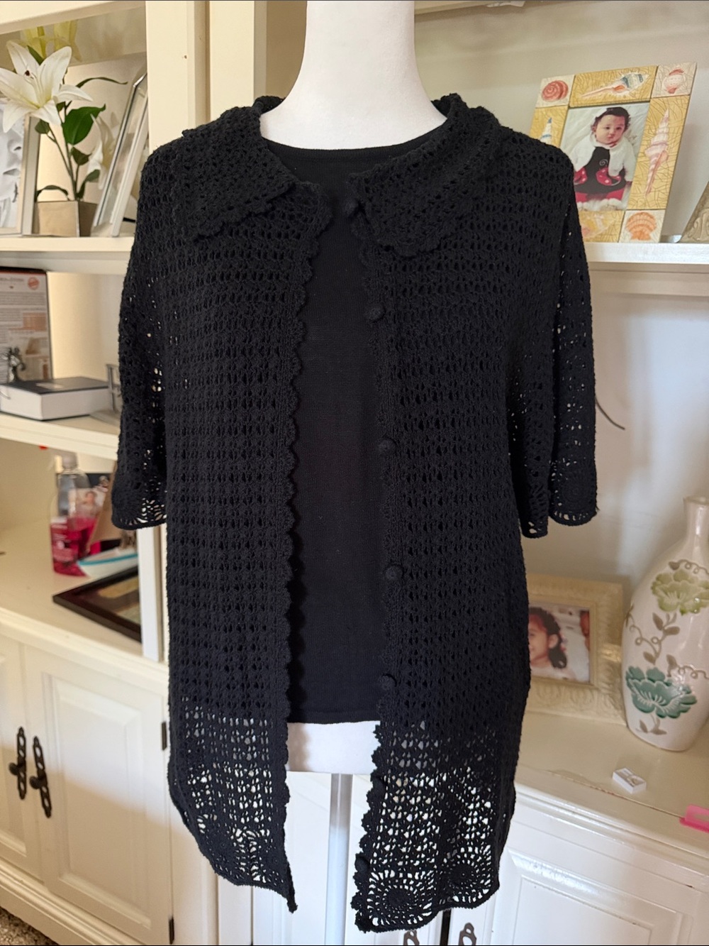 croft & barrow Black Crochet Short-Sleeve Button-Up Cardigan
